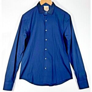 Wooyoungmi Paris‎ Shirt Mens Medium 48 Navy Blue Cotton Black Contrast Collar